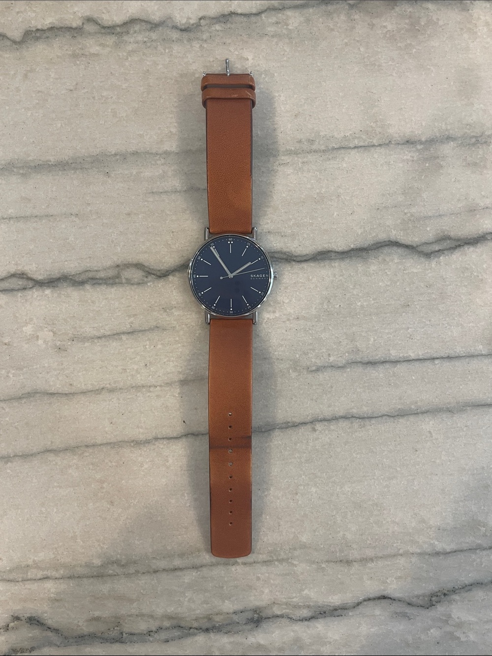 Skagen Signatur Stainless 5ATM Navy Watch with Brown Leather Strap Needs Battery